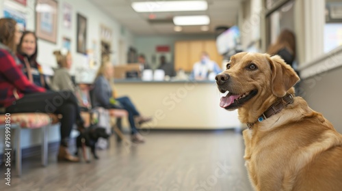 An attentive golden dog looks on while sitting in a busy veterinary clinic waiting area filled with pet owners and their animals. © ChanaphaStudio