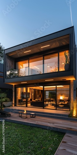 Black modern house with large glass windows