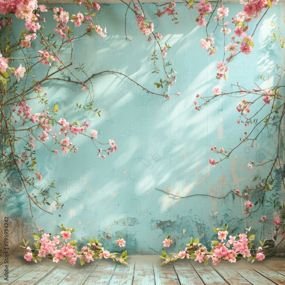 b'Pink flowers on blue wooden background'