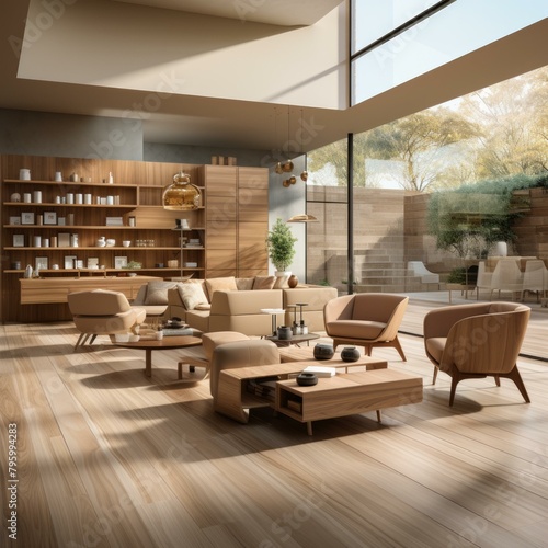 b'Elegant and minimalist living room interior design with wooden furniture and large windows'