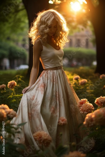 b'Elegant woman wearing a long dress walking in a peony garden'