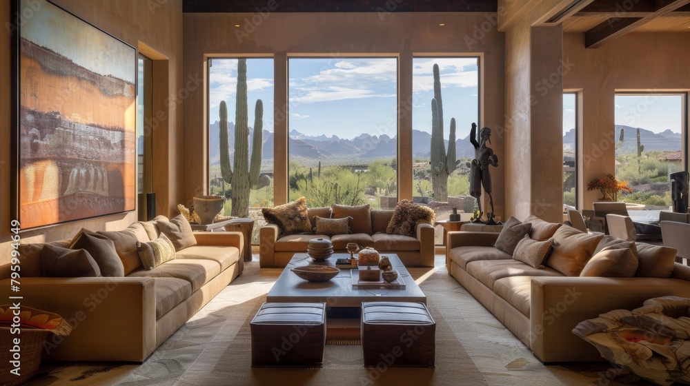 Serene living room in shades of brown, integrating elements of desert life, open window views, and a mix of modern and traditional furniture