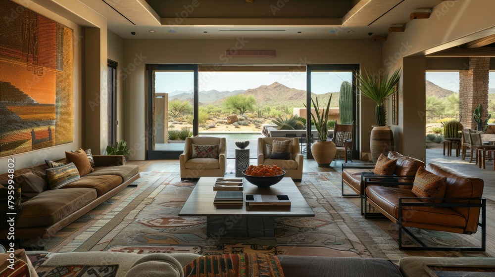 Serene living room in shades of brown, integrating elements of desert life, open window views, and a mix of modern and traditional furniture - obrazy, fototapety, plakaty 