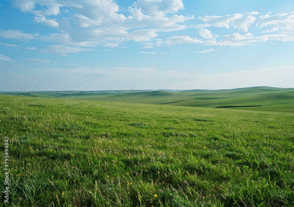 b'Vast green grassland landscape under blue sky and white clouds'