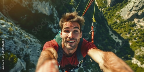 A man shooting a photo while bungee jumping from a peak overlooking a summer adventure vacation notion and space, Generative AI. photo