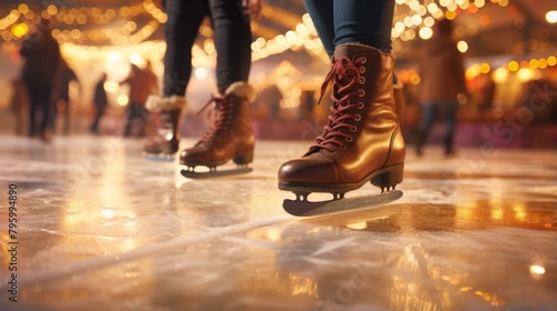 b'Two people ice skating on a rink with blurred lights in the background'