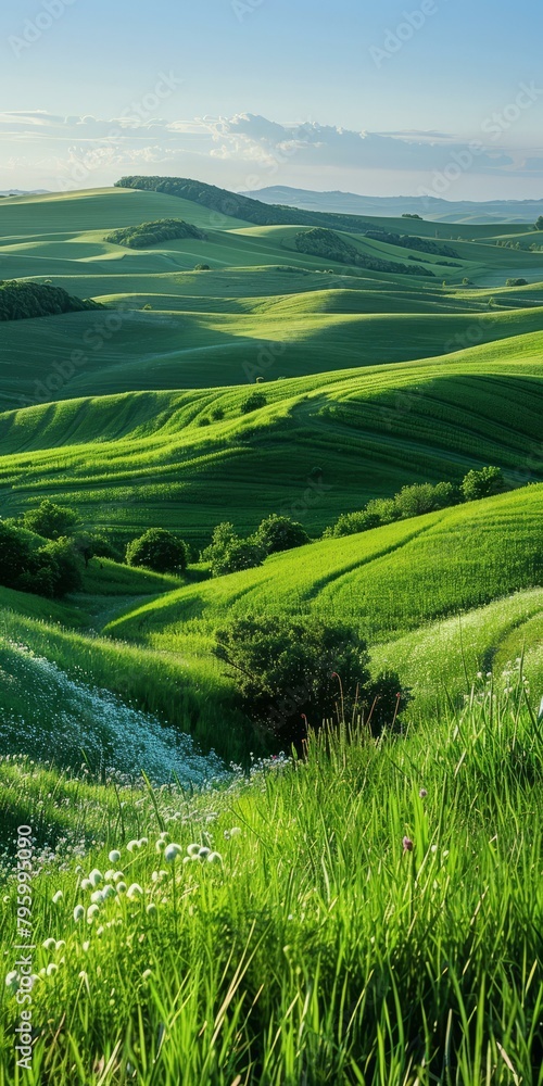 Fototapeta premium b'Picturesque green rolling hills landscape with a blue sky'