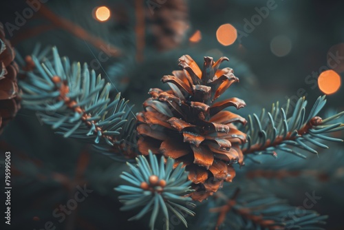 a cone on a branch of a blue spruce photo