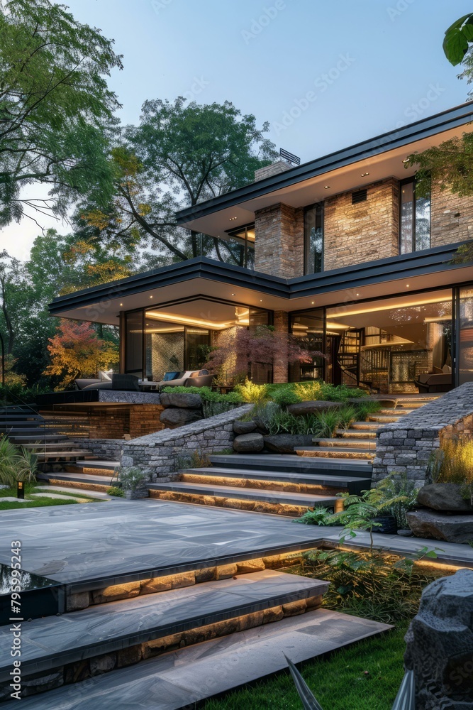 b'Modern House Exterior Design With Stone And Glass' b'Modern House Exterior Design With Stone And Glass'