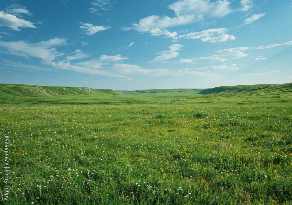 b'Vast green grassland under blue sky with white clouds' b'Vast green grassland under blue sky with white clouds'