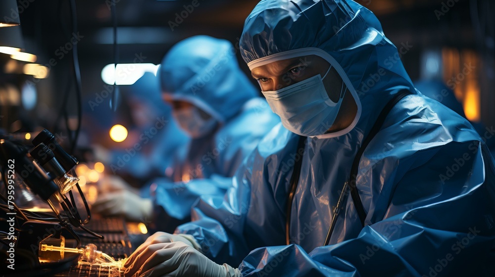 b'Scientists working in a laboratory' b'Scientists working in a laboratory'