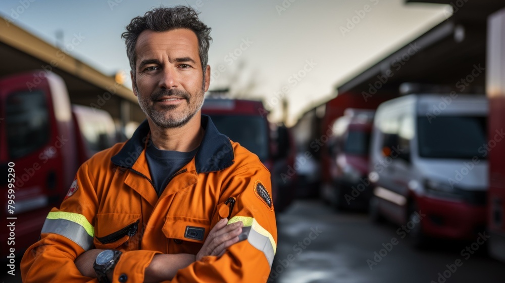 b'Portrait of a male firefighter in front of fire trucks' b'Portrait of a male firefighter in front of fire trucks'