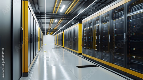 Rows of server racks, cooling systems, and redundant power supplies constitute a state of the art data center.