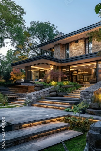 b'Modern House Exterior Design With Stone And Glass'