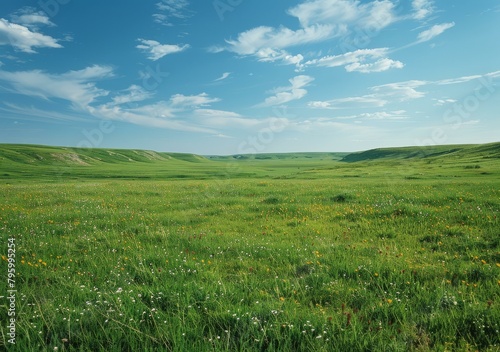 b Vast green grassland under blue sky with white clouds 