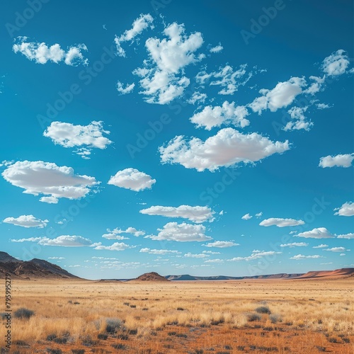b'The vast and empty desert landscape with a clear blue sky and clouds'