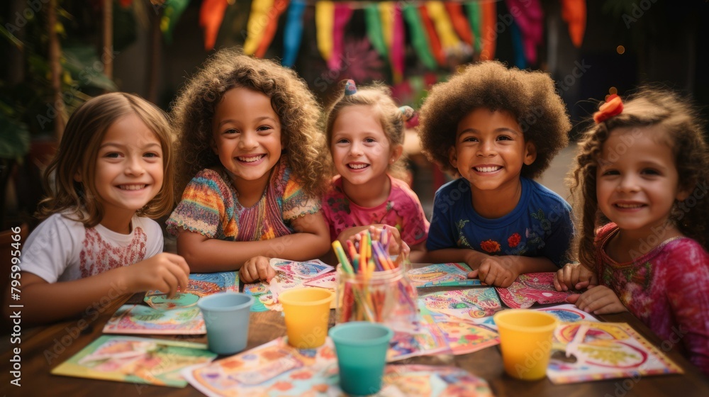 b'Five happy children sitting at a table and drawing' b'Five happy children sitting at a table and drawing'