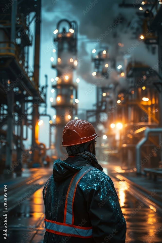 b'Oil Refinery Plant with a Worker wearing PPE in the rain'