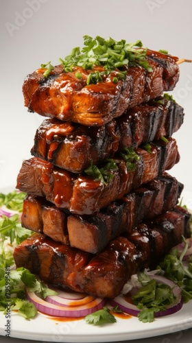 b'A stack of barbecued pork skewers' photo