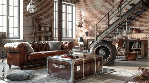 Sophisticated industrial loft setting, displaying a chic leather sofa with metal embellishments, surrounded by brick walls and modern urban interior design