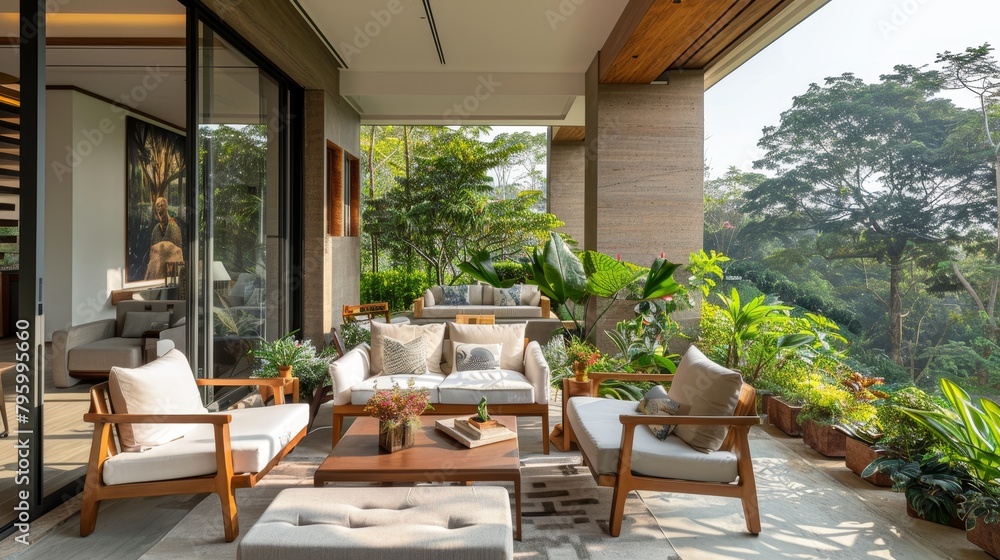 Fototapeta premium Sophisticated terrace decor with comfortable seating, surrounded by a lush garden and large windows offering a picturesque view