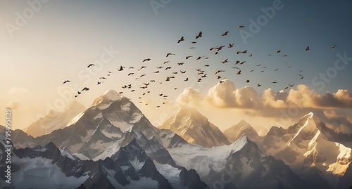 Mountain landscape with birds flying in the sky at sunset, Nepal