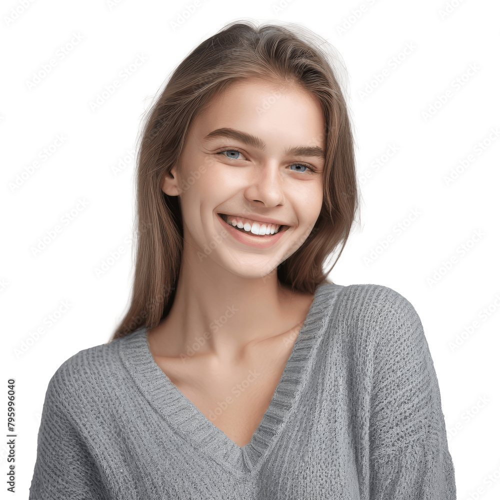 portrait of a smiling woman in grey sweater isolated on transparent background portrait of a smiling woman in grey sweater isolated on transparent background