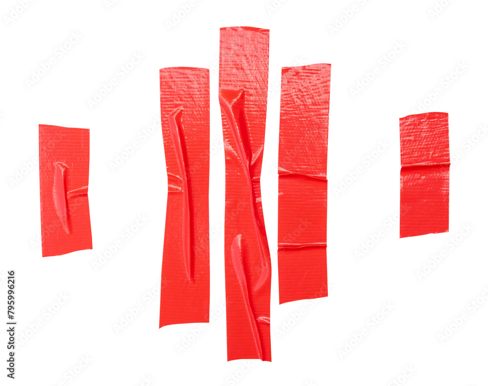 Top view set of wrinkled red adhesive vinyl tape or cloth tape in stripes shape isolated on white background with clipping path Top view set of wrinkled red adhesive vinyl tape or cloth tape in stripes shape isolated on white background with clipping path