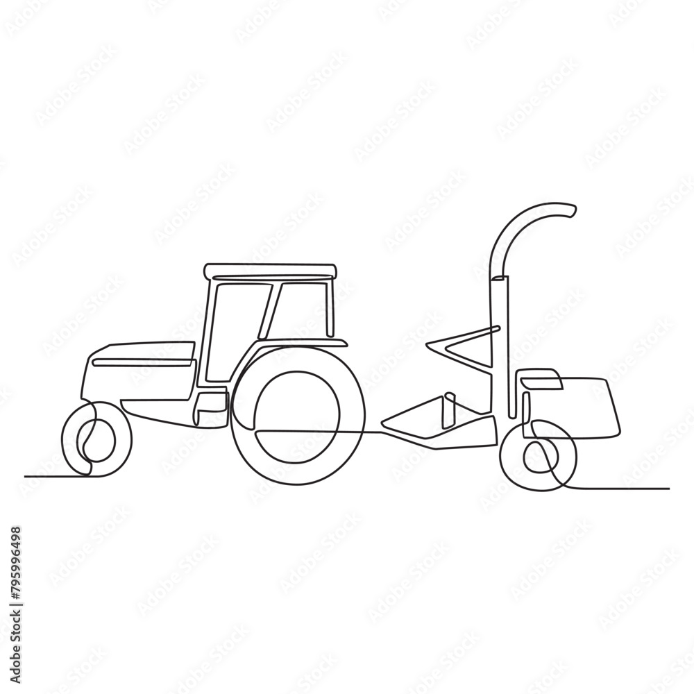 One continuous line drawing of Farming vehicle vector illustration with white background. Equipment farming for for preparing the soil, seeding, irrigating, weeding, and collecting the mature crops. One continuous line drawing of Farming vehicle vector illustration with white background. Equipment farming for for preparing the soil, seeding, irrigating, weeding, and collecting the mature crops.