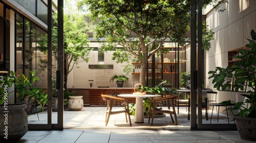 Stylish interior with designer chairs and tables on a patio, flanked by verdant trees and artistic pots through panoramic glass windows © Paul