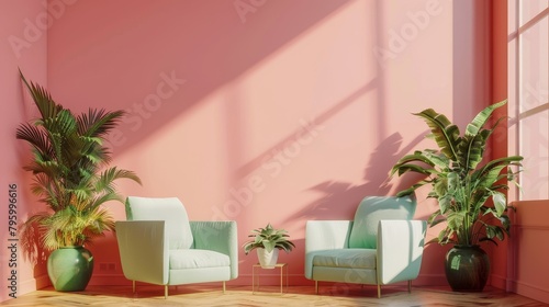 Stylish living space featuring mint-colored chairs and a beige sofa set against a striking pink wall, elegantly decorated with green flowerpots