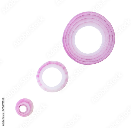 Top view set of red or purple onion slices or onion rings scattered isolated on white background with clipping path