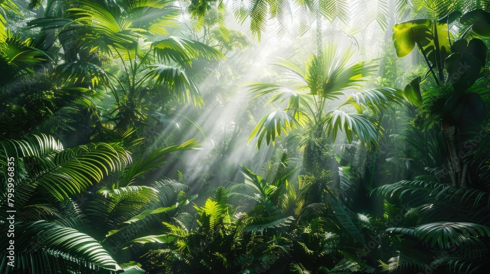 Enchanted Tropical Rainforest with Sunbeams Piercing Through Mist