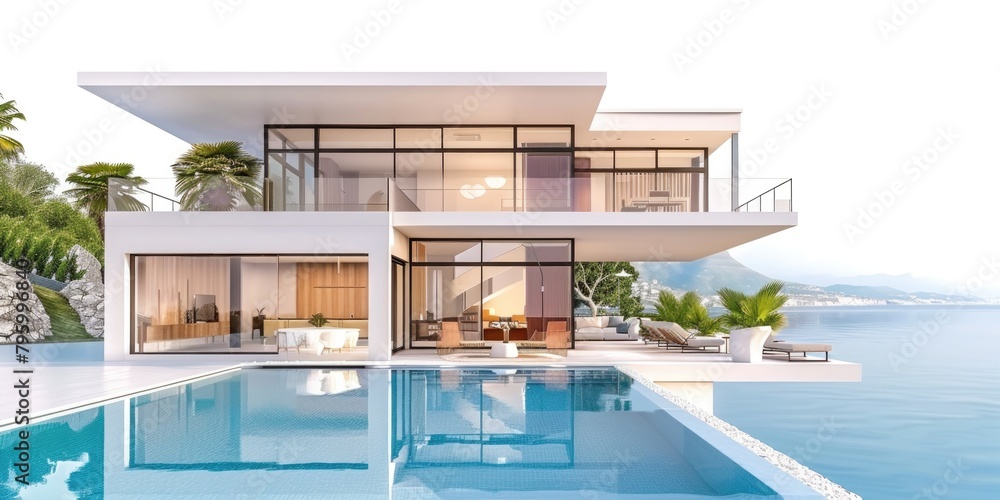 Luxurious Modern Villa with Infinity Pool Overlooking Sea at Sunset