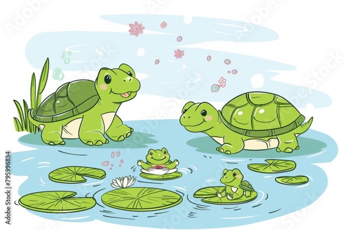 Cartoon cute doodles of a family of turtles having a picnic by the pond, with lily pads floating on the water, Generative AI