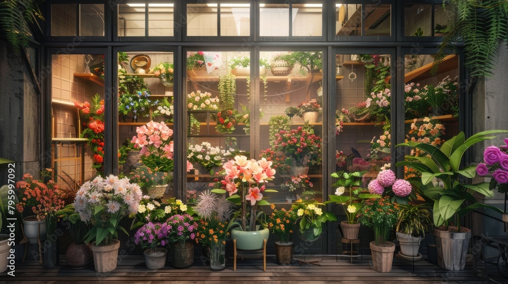 variety of colorful fresh flowers on a flower shop window