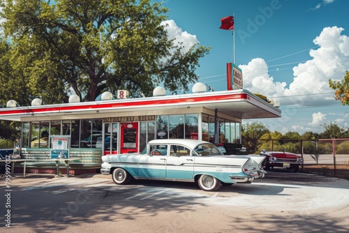 A retro-style diner with a classic car parked in front, surrounded by a vintage-inspired parking lot, Generative AI
