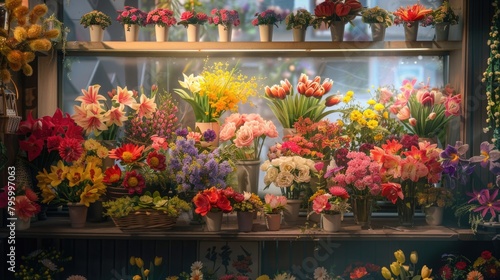 variety of colorful fresh flowers on a flower shop window