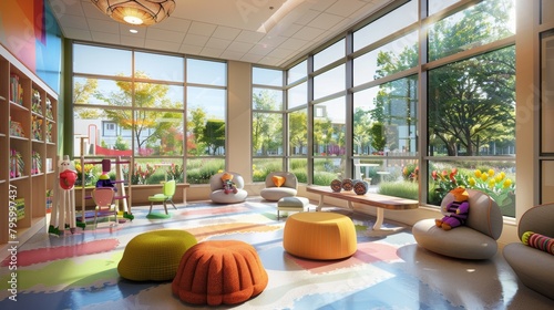 A cozy pediatric waiting room filled with soft furniture and a play area for children. Large windows offer a view of a serene garden.