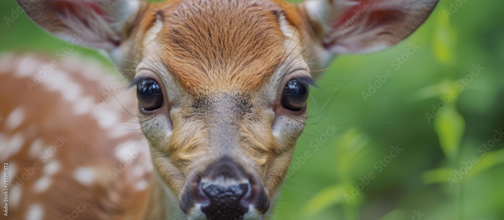 Close-up view of a deer's face with a soft focus background, showcasing the details of its features and expression Close-up view of a deer's face with a soft focus background, showcasing the details of its features and expression