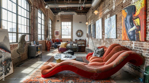 Unconventional sofa design resembling a wave  in a loft-style art studio with exposed bricks and eclectic art pieces