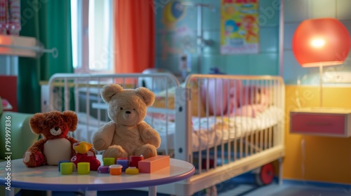 A pediatric ward with colorful accents and child-sized furniture. A collection of stuffed animals and toys rests on a table next to an empty crib.