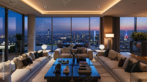 Urban oasis living room with plush, modern sofas set against panoramic city views, sleek and sophisticated © Paul