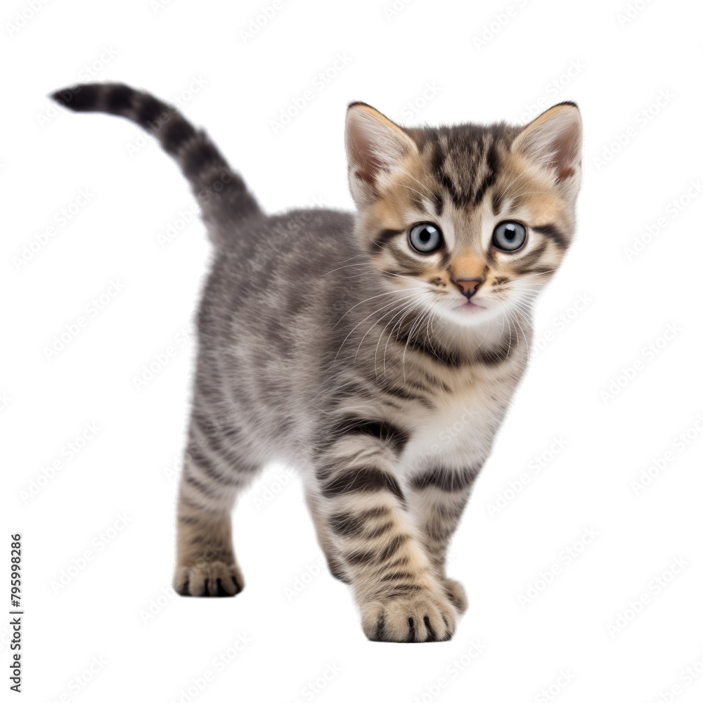 striped kitten walks in front of a white background