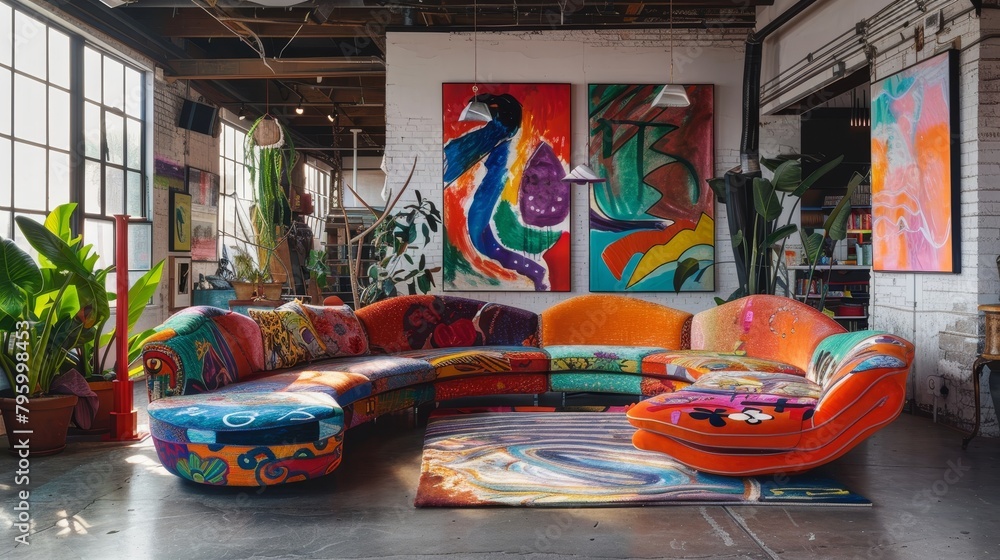 Vividly colored, abstract sofa set in a vibrant contemporary art studio, surrounded by large-scale modern installations and eclectic decor