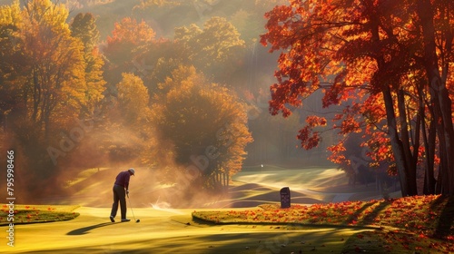 A scenic golf course with colorful fall foliage lining the fairways and a golfer lining up a putt on a green bathed in sunlight photo