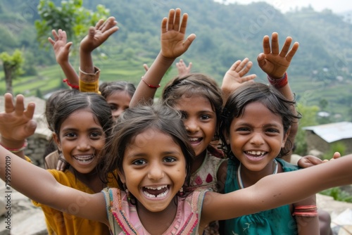 Group of happy indian kids in the rice terraces. India