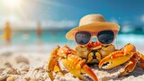 Crab with Sunglasses and Hat at the Beach