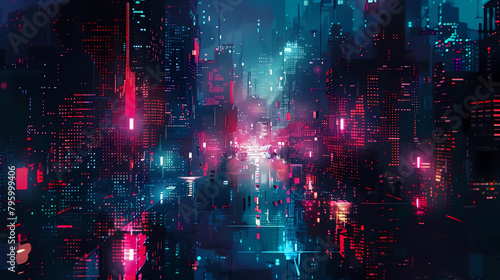 digital exploration of a cityscape featuring a towering skyscraper, a bustling street, and a serene