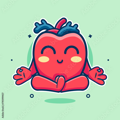 calm human heart organ character mascot with yoga meditation pose isolated cartoon